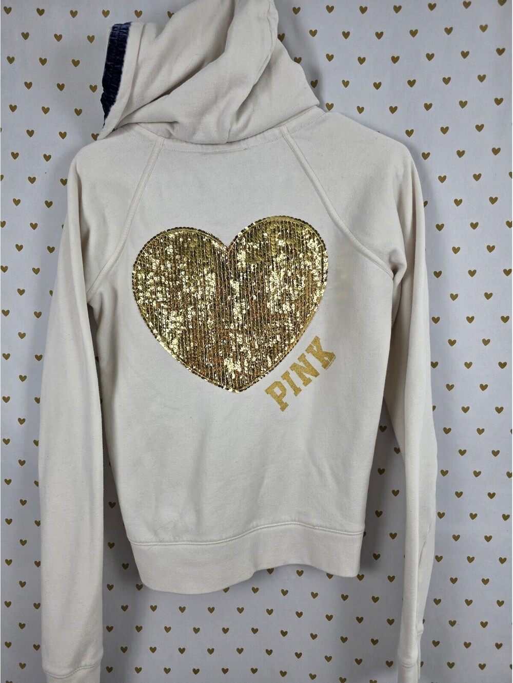 Victorias Secret Pink Vintage Gold Bling Heart Thermal Lined Hoodie Jacket Small
